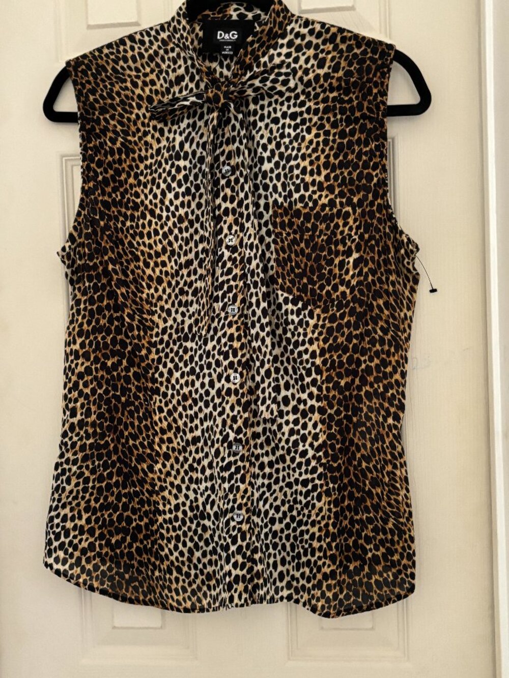 Dolce&Gabbana D&G Leopard Blouse Top Tie Collar Brown Black Cotton 48=fit 10/M-L